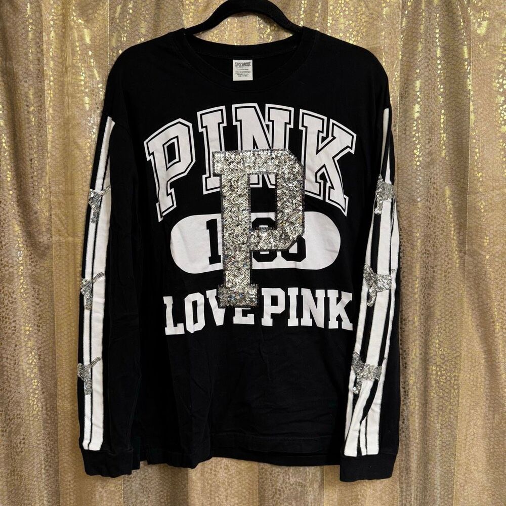PINK Victorias Secret HTF Silver Sequin Bling Dog Campus Long Sleeve Top Large